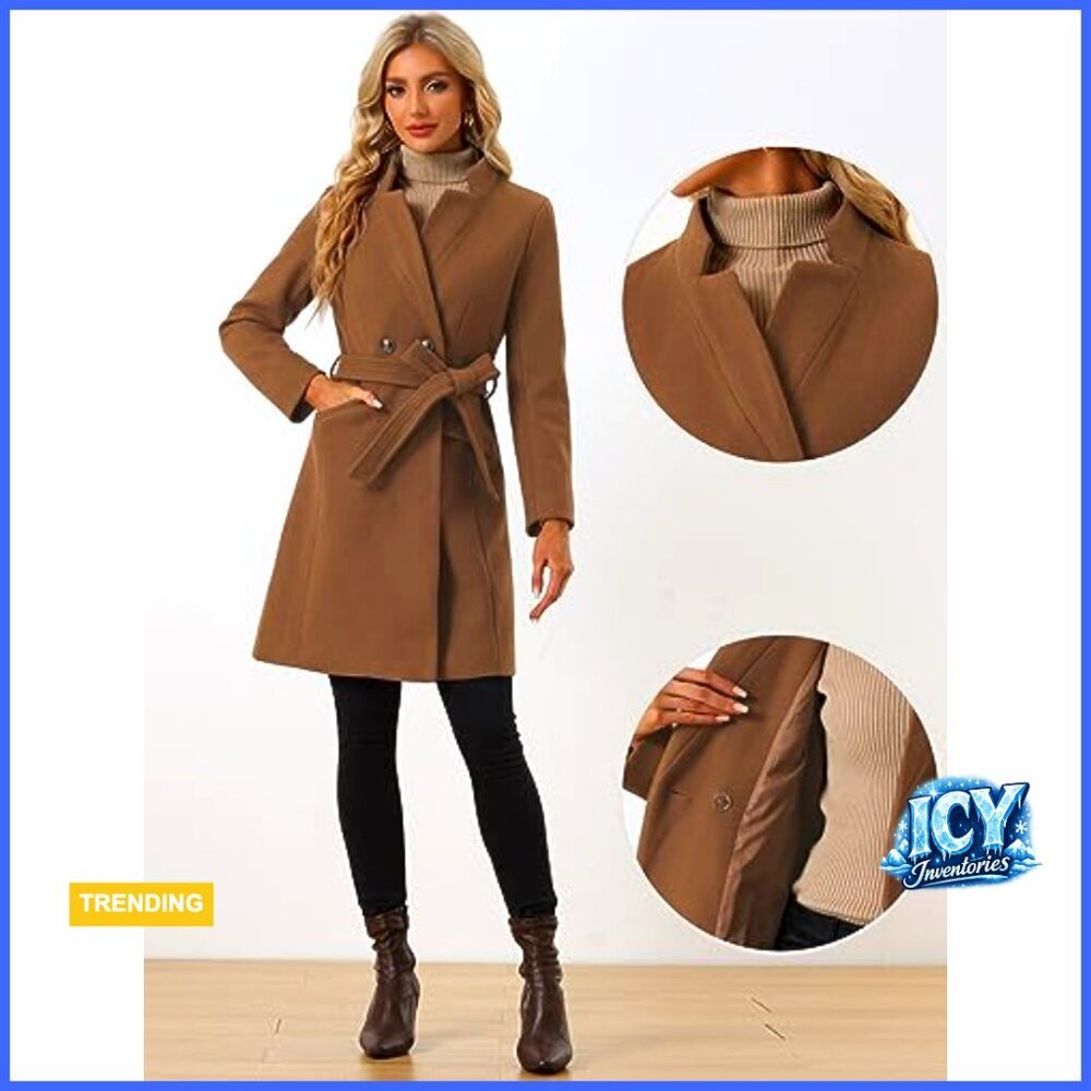 Winter Pea Coat Stand Collar Belted Trench Coat Regular Fit Polyester - Picture 2 of 5